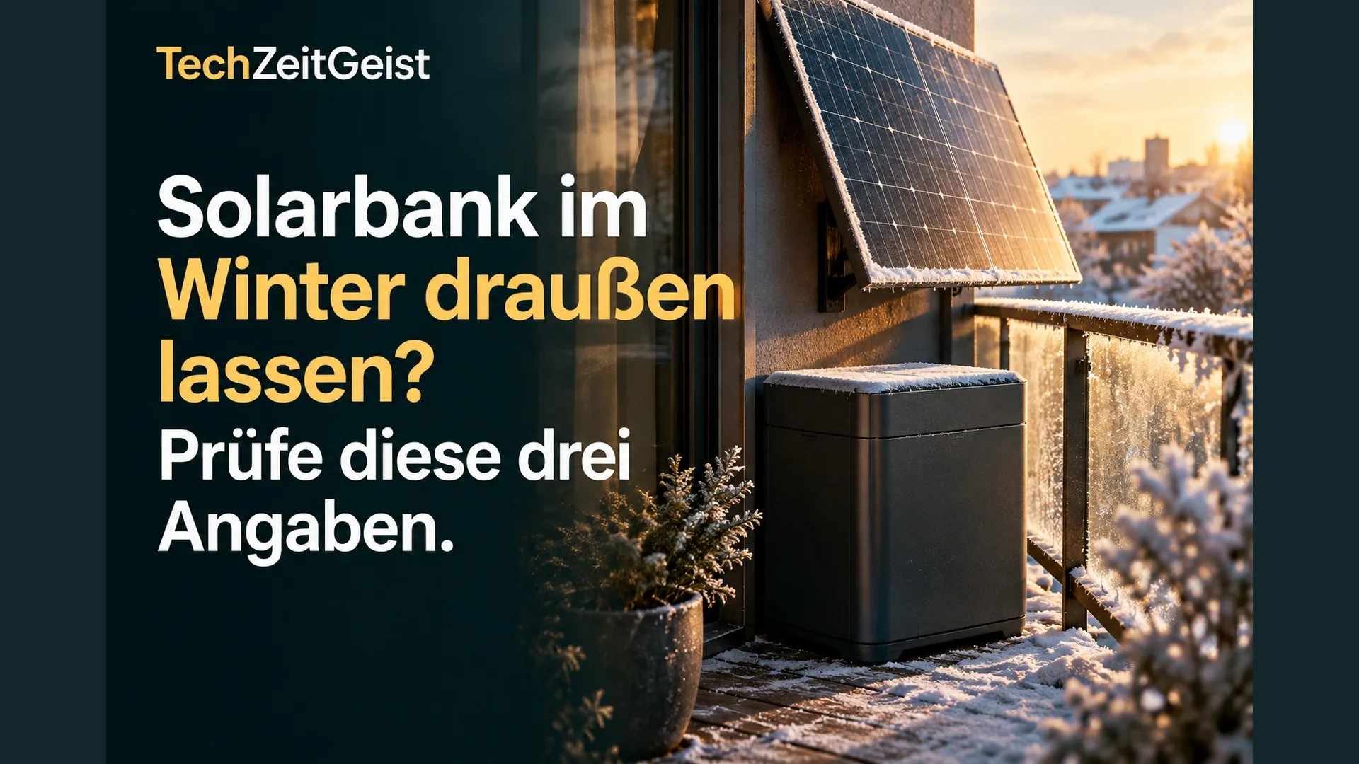 Solarbank auf einem winterlichen Balkon mit Artikelüberschrift.