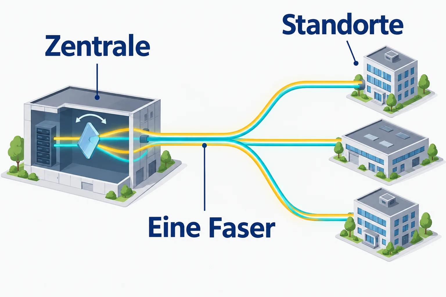 Schematische Zentrale verbindet mehrere Standorte; Schlüssel und Daten nutzen dieselbe Glasfaser.