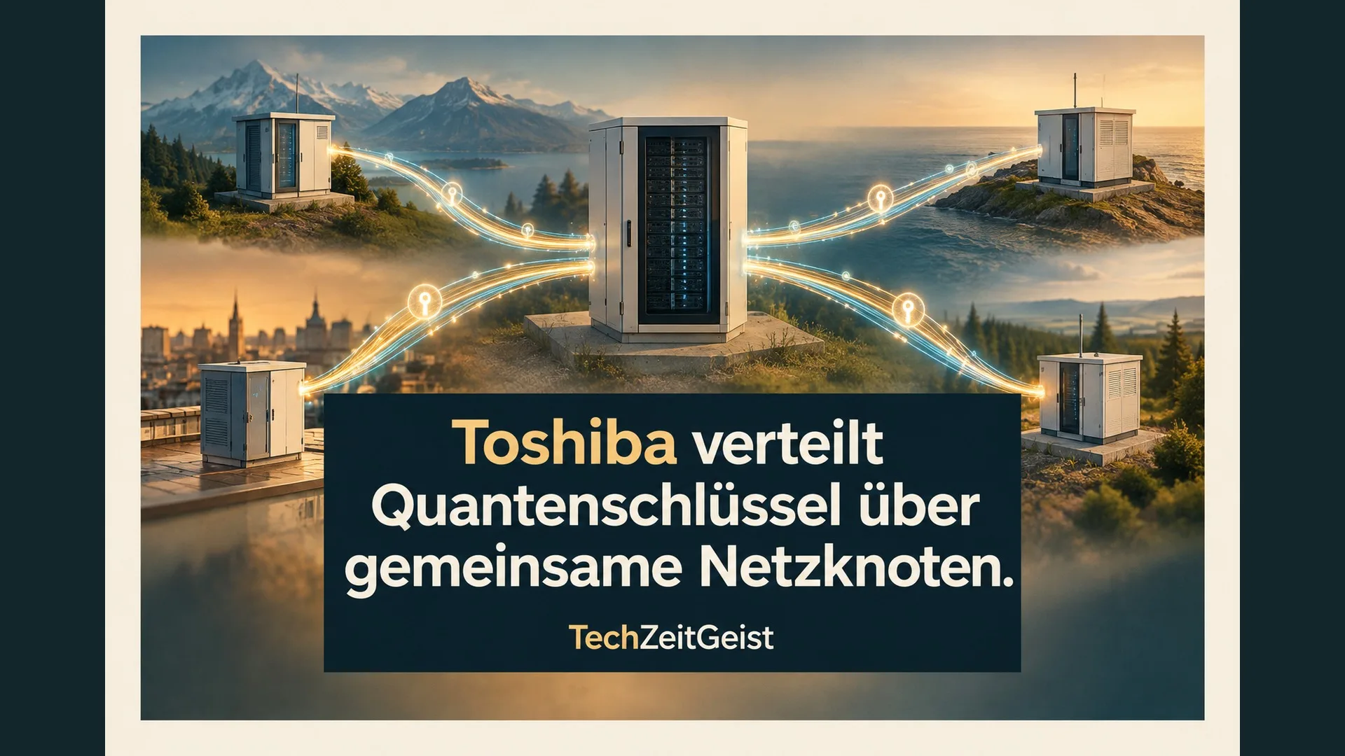 Symbolischer zentraler Netzwerkschrank mit Lichtverbindungen zu mehreren Standorten.