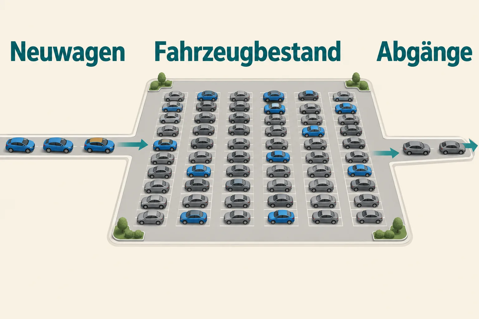 Schematische Einfahrt neuer Elektroautos in einen großen gemischten Fahrzeugbestand mit separater Ausfahrt älterer Fahrzeuge