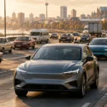 Moderner elektrischer Pkw neben einer Ladesäule vor gemischtem Straßenverkehr