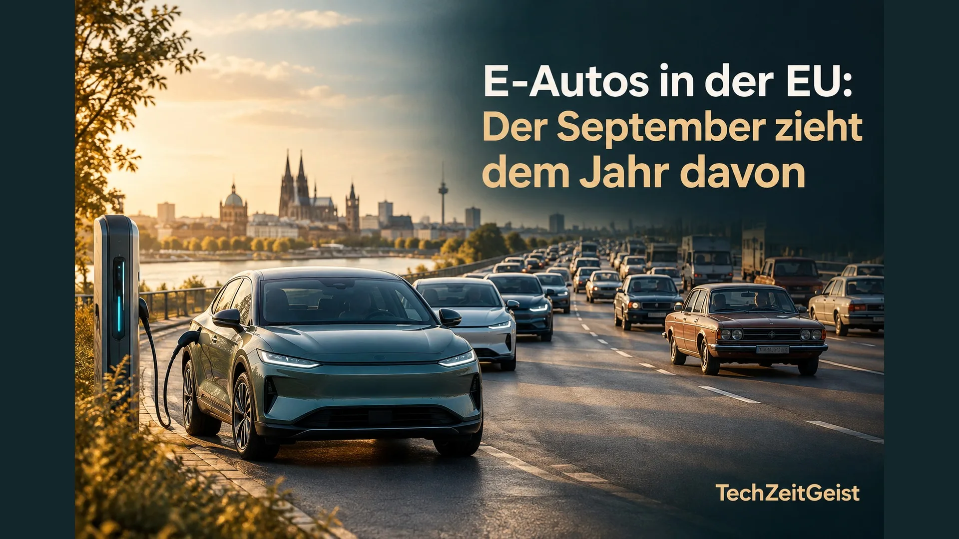 Elektroauto vor gemischtem Straßenverkehr mit dem Artikeltitel