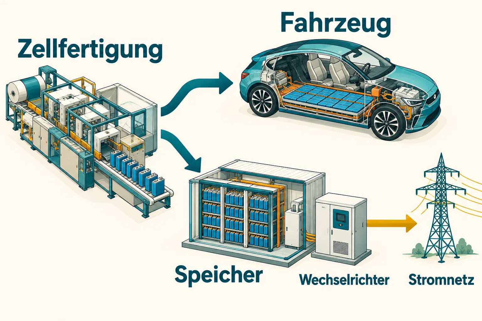 Eine Zellfertigung führt zu zwei unterschiedlichen Systemen: Batteriepack im Fahrzeug und stationärer Speicher mit Wechselrichter am Stromnetz.