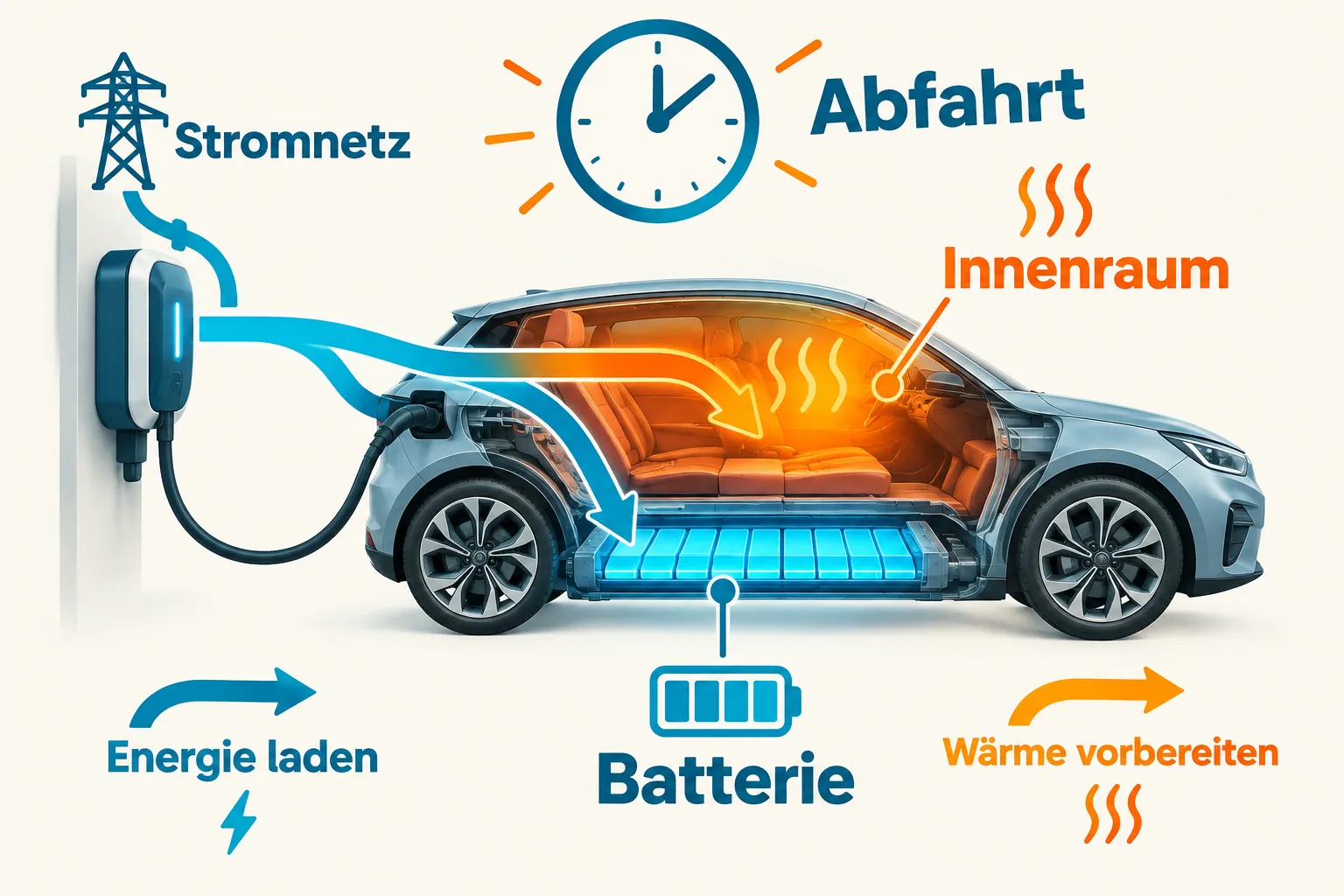 Stromweg von der Wallbox zur Batterie und zum erwärmten Innenraum