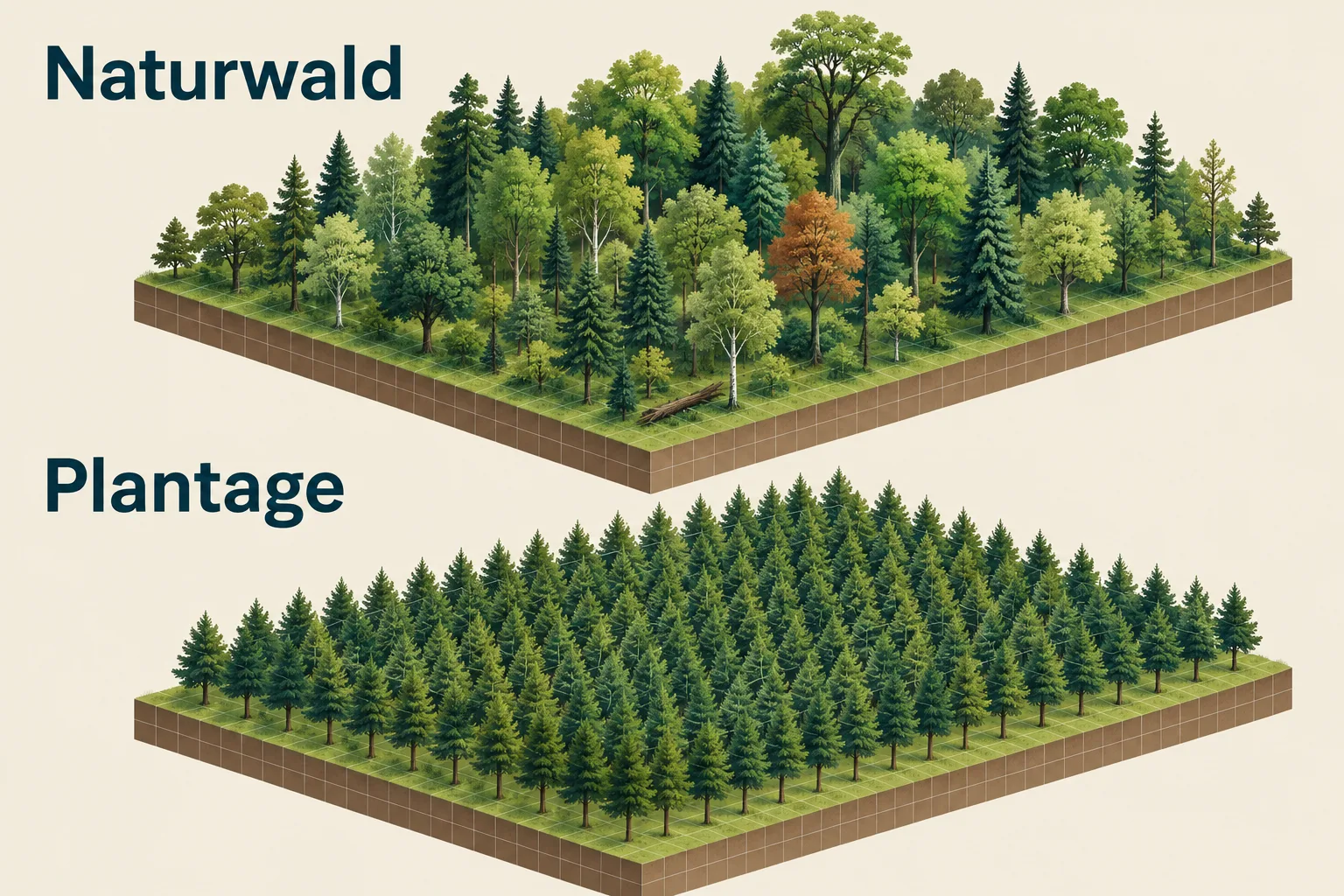 Schematischer Vergleich: unregelmäßig gewachsener Naturwald und gleichförmige Baumreihen einer Plantage