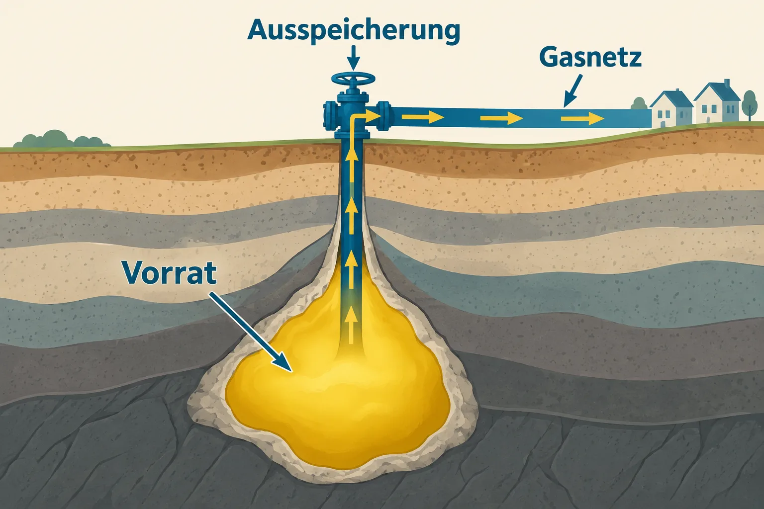 Schematischer Gasweg vom unterirdischen Vorrat über ein Ventil zur Ausspeicherung ins Gasnetz