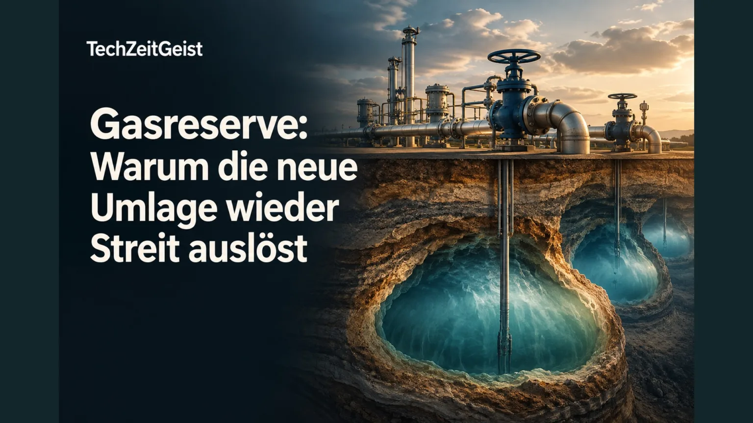 Gasspeicher-Illustration mit der Artikelüberschrift