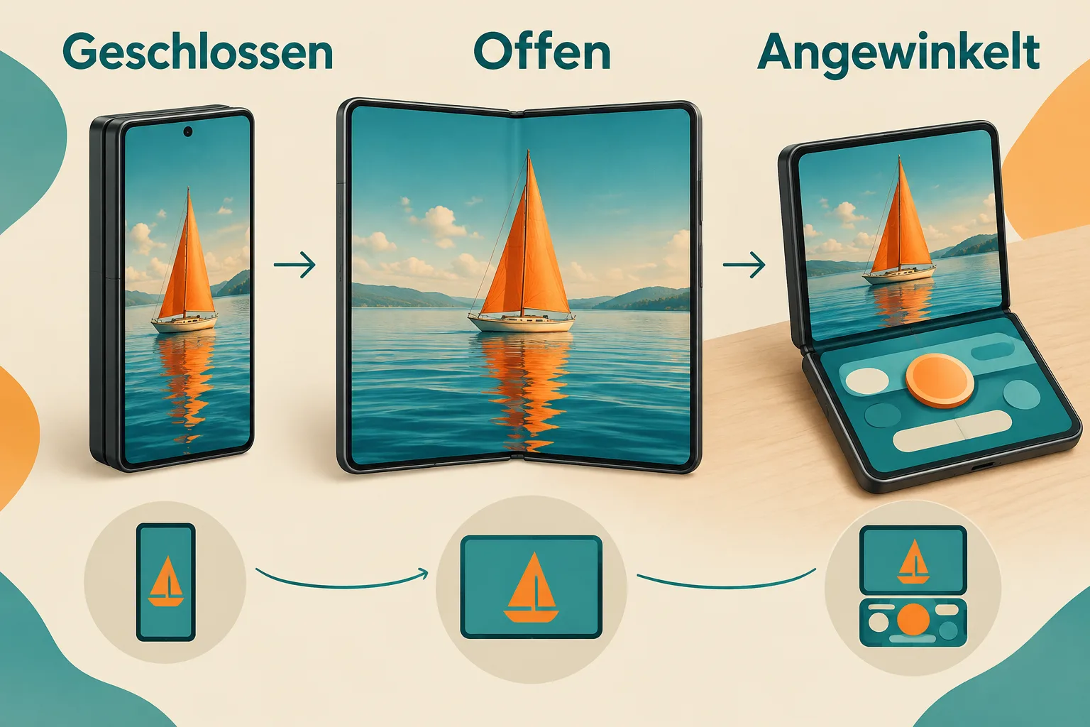 Drei schematische Faltzustände mit demselben Segelbootmotiv und getrenntem Bedienbereich