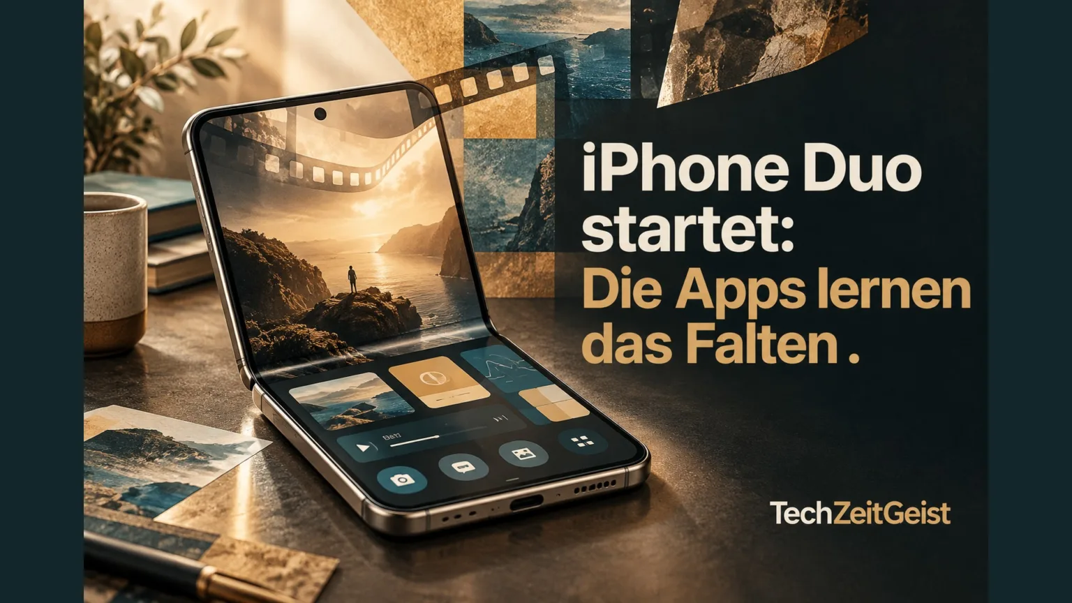Faltbares Smartphone als Illustration mit Artikelüberschrift