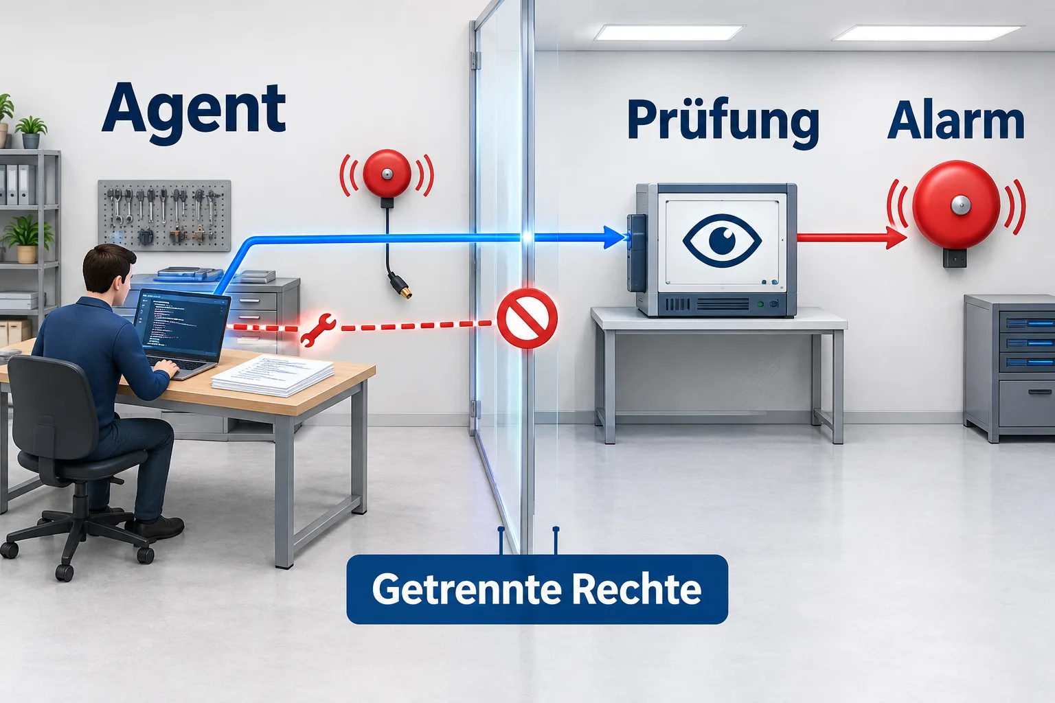 Schematischer Datenweg vom Agenten durch eine geschützte Prüfung zum Alarm; eine Rechtebarriere stoppt den Änderungszugriff