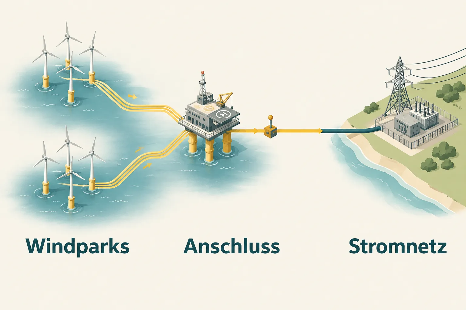 Zwei Windparkgruppen speisen über einen gemeinsamen Offshore-Anschluss in das Stromnetz an Land ein.