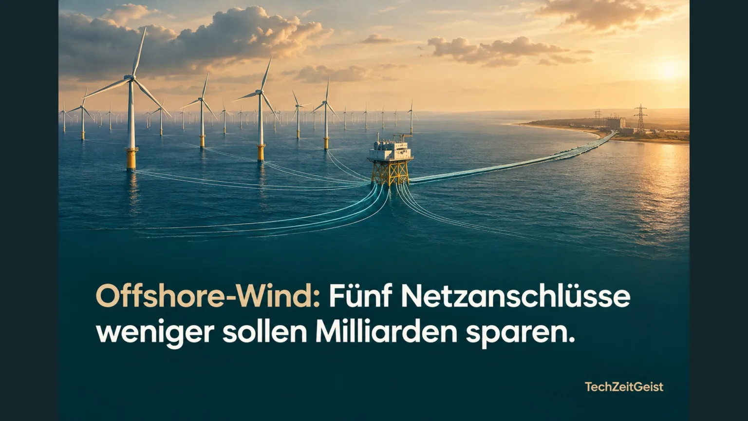 Windparks mit gebündelter Stromverbindung und der Artikelüberschrift.