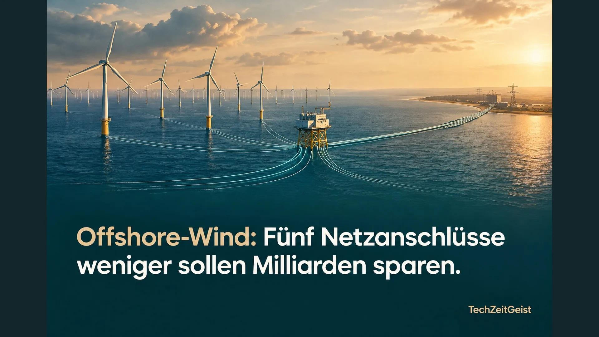Windparks mit gebündelter Stromverbindung und der Artikelüberschrift.