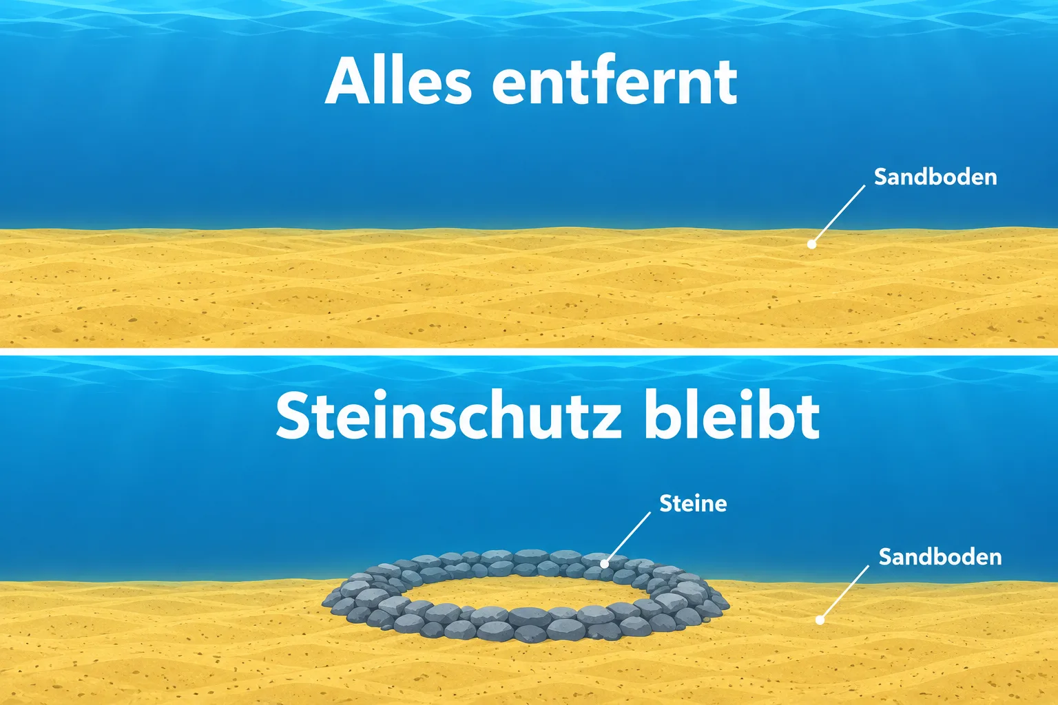 Zwei schematische Endzustände: freier Sandboden und Sandboden mit verbleibendem Steinschutz