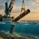 Kranschiff hebt eine gebrauchte Stahlstruktur aus dem Meer