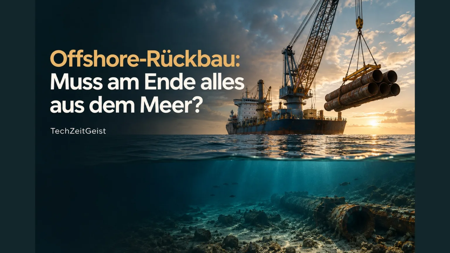 Kranschiff und Meeresboden als Magazinmotiv zum Offshore-Rückbau