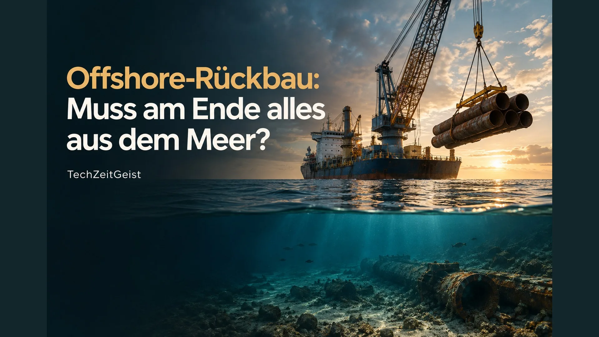 Kranschiff und Meeresboden als Magazinmotiv zum Offshore-Rückbau