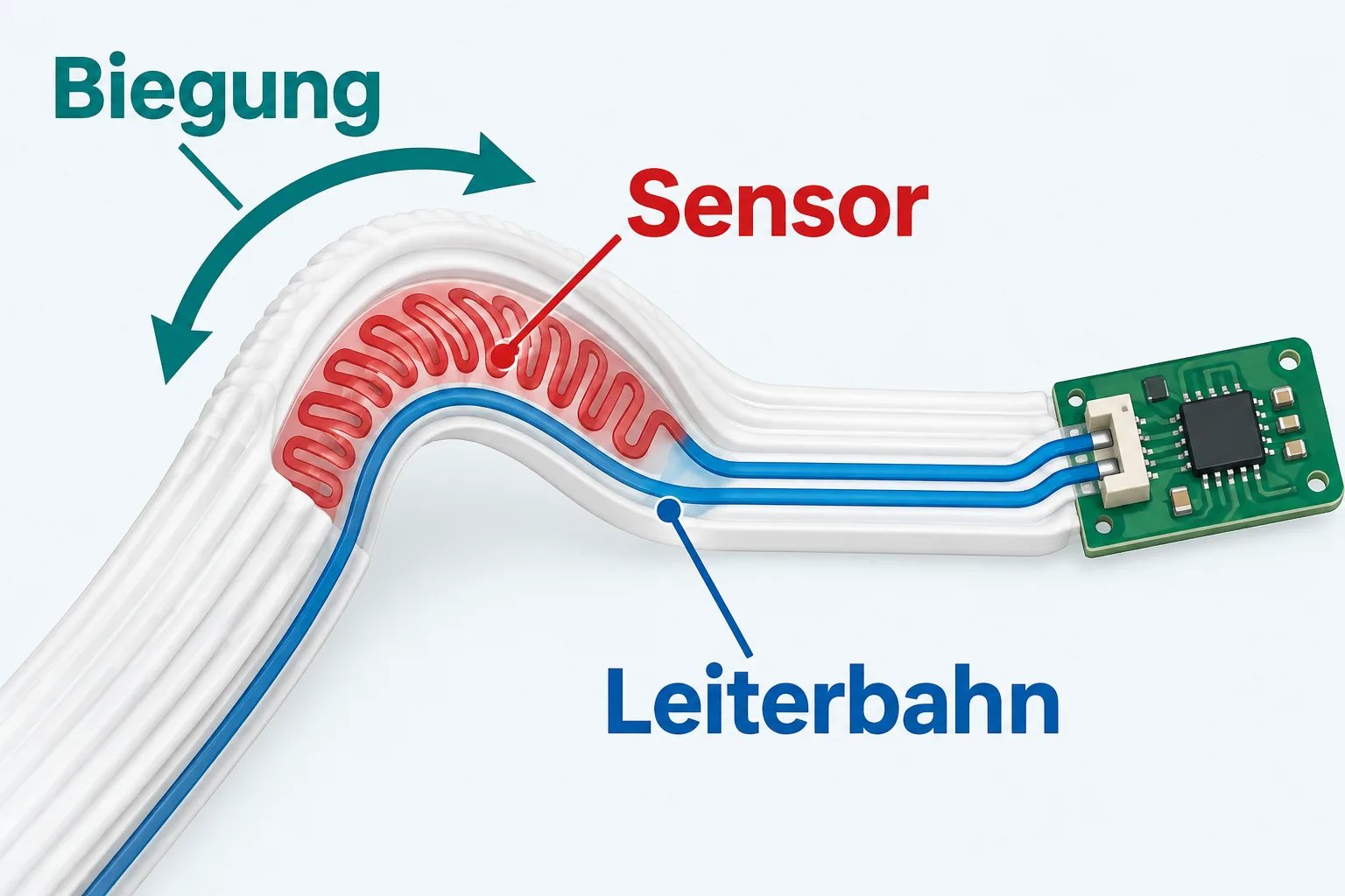 Schematisches biegsames Gelenk mit roter Sensorbahn und blauer Leiterbahn zur externen Messplatine