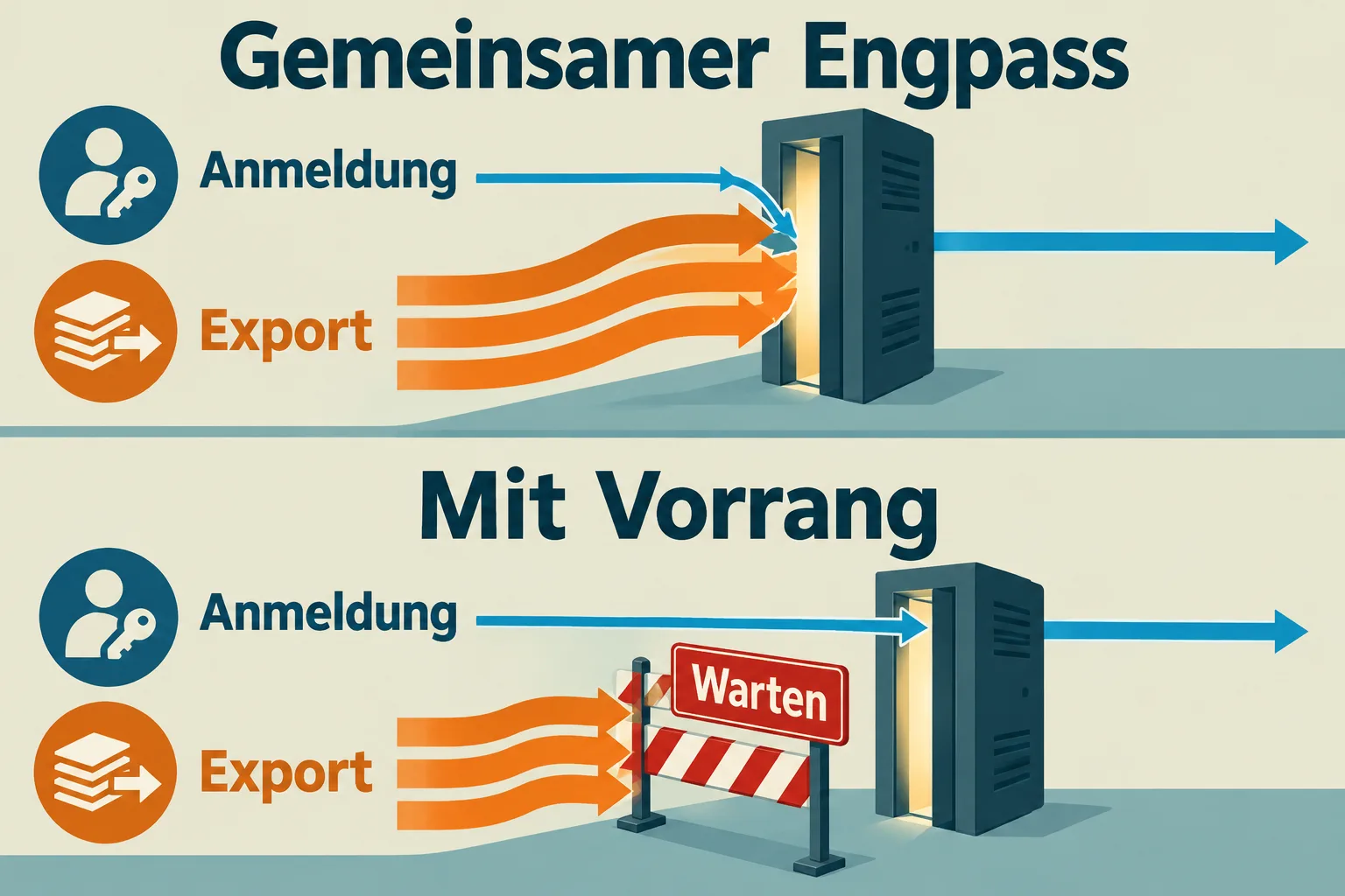 Schematischer Vergleich: Anmeldung und Export konkurrieren am gemeinsamen Engpass; mit Vorrang wartet der Export vor einer Schranke.