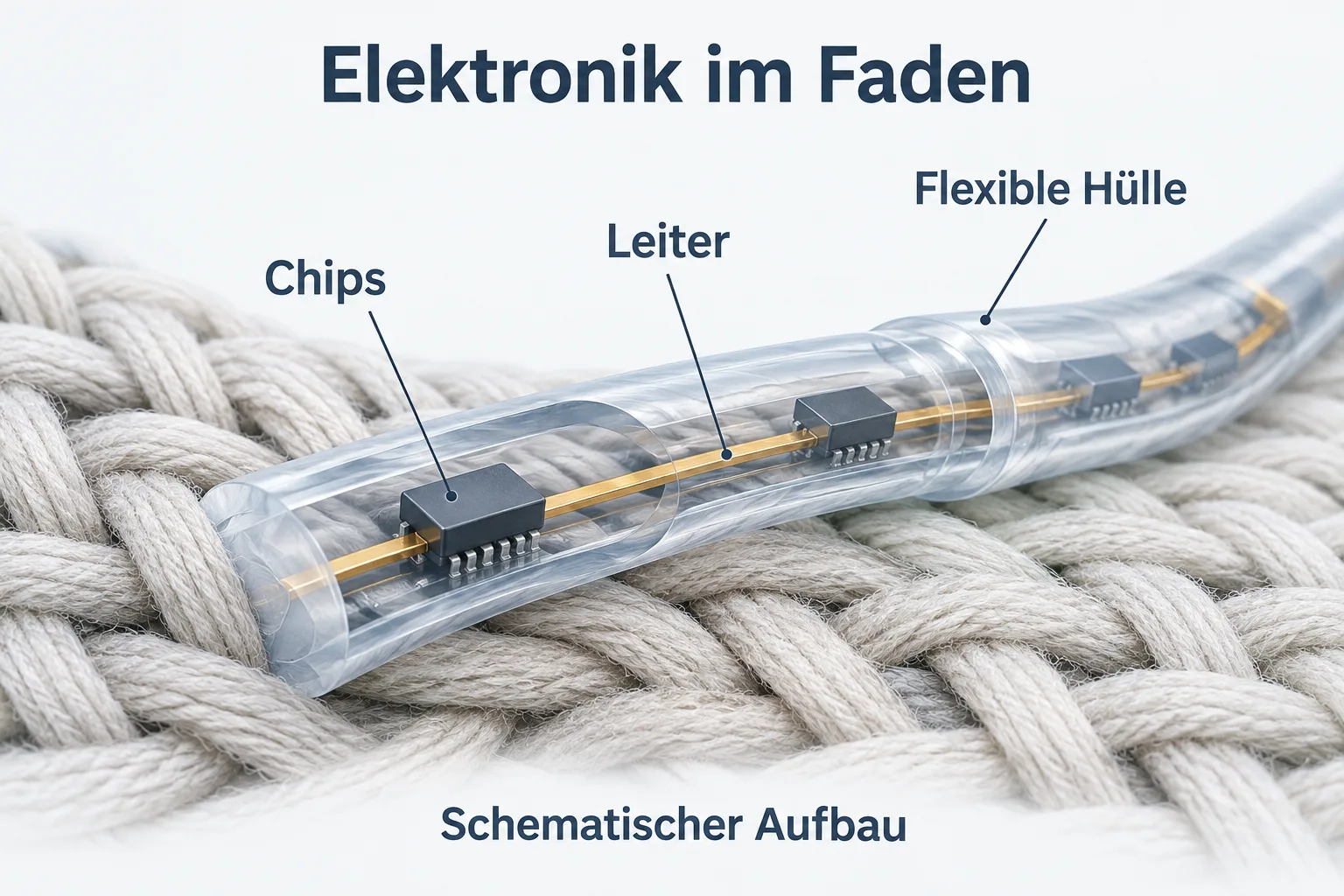 Schematischer Aufbau einer Elektronikfaser: starre Chips und verbindende Leiter liegen in einer flexiblen Hülle zwischen textilen Garnen.