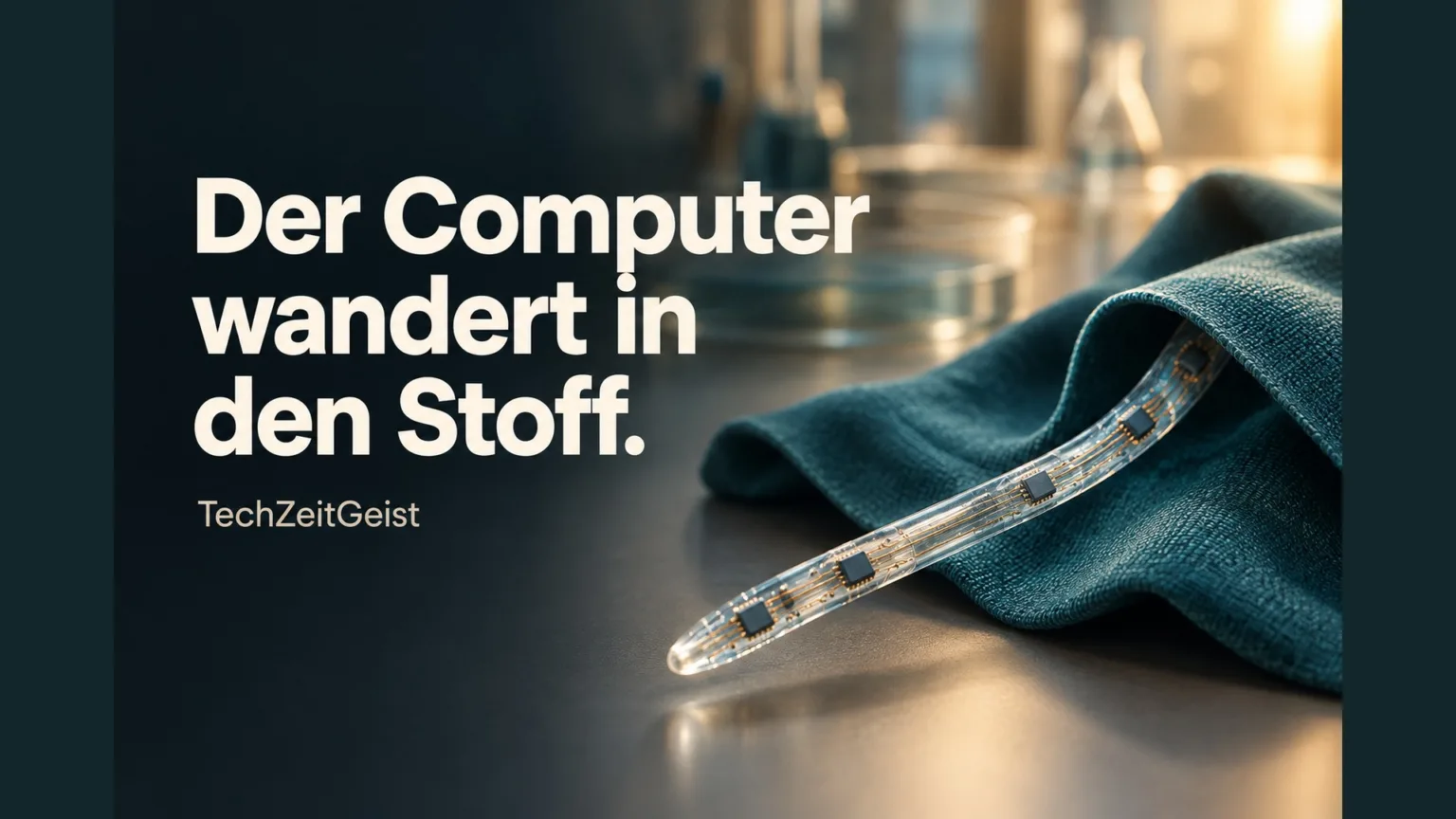 Elektronikfaser und Gewebe mit der Überschrift Der Computer wandert in den Stoff.