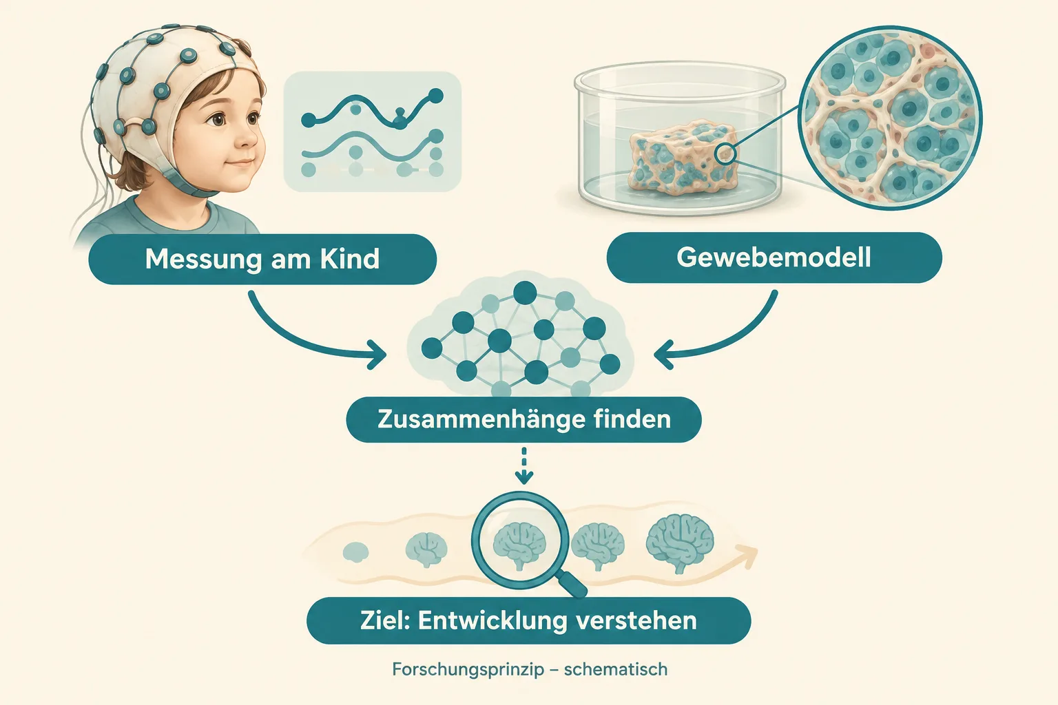 Messungen am Kind und ein Gewebemodell werden schematisch über rechnerische Auswertung zum Forschungsziel Entwicklung verstehen verbunden.