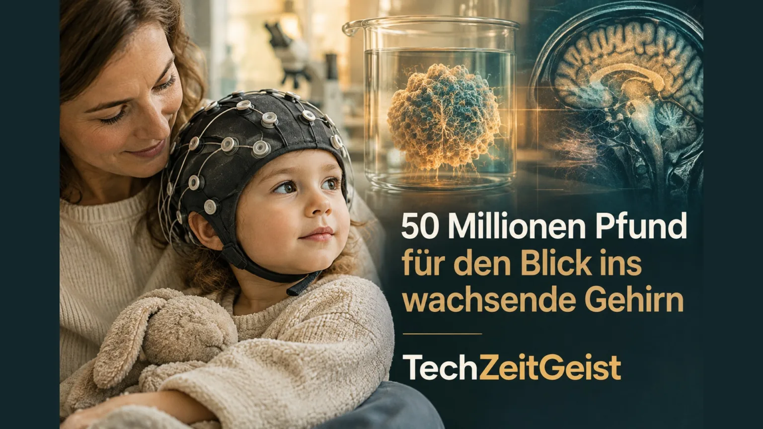 Illustration eines Kindes mit Sensorkappe und eines Gewebemodells im Labor.