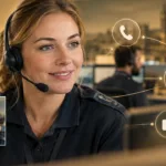 Illustration einer Mitarbeiterin mit Headset in einer britischen Polizeileitstelle.