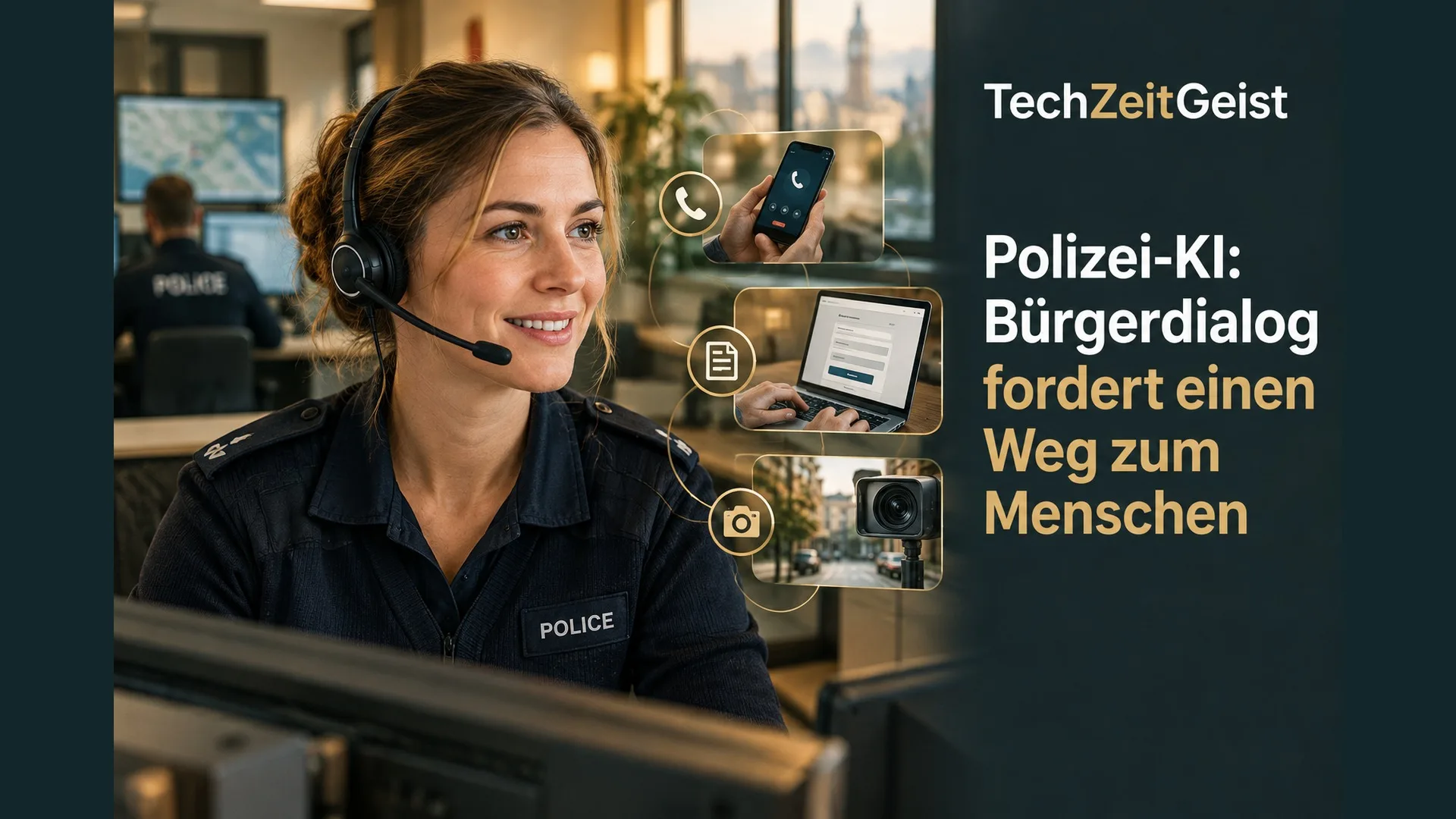 Illustration einer Mitarbeiterin mit Headset in einer britischen Polizeileitstelle.