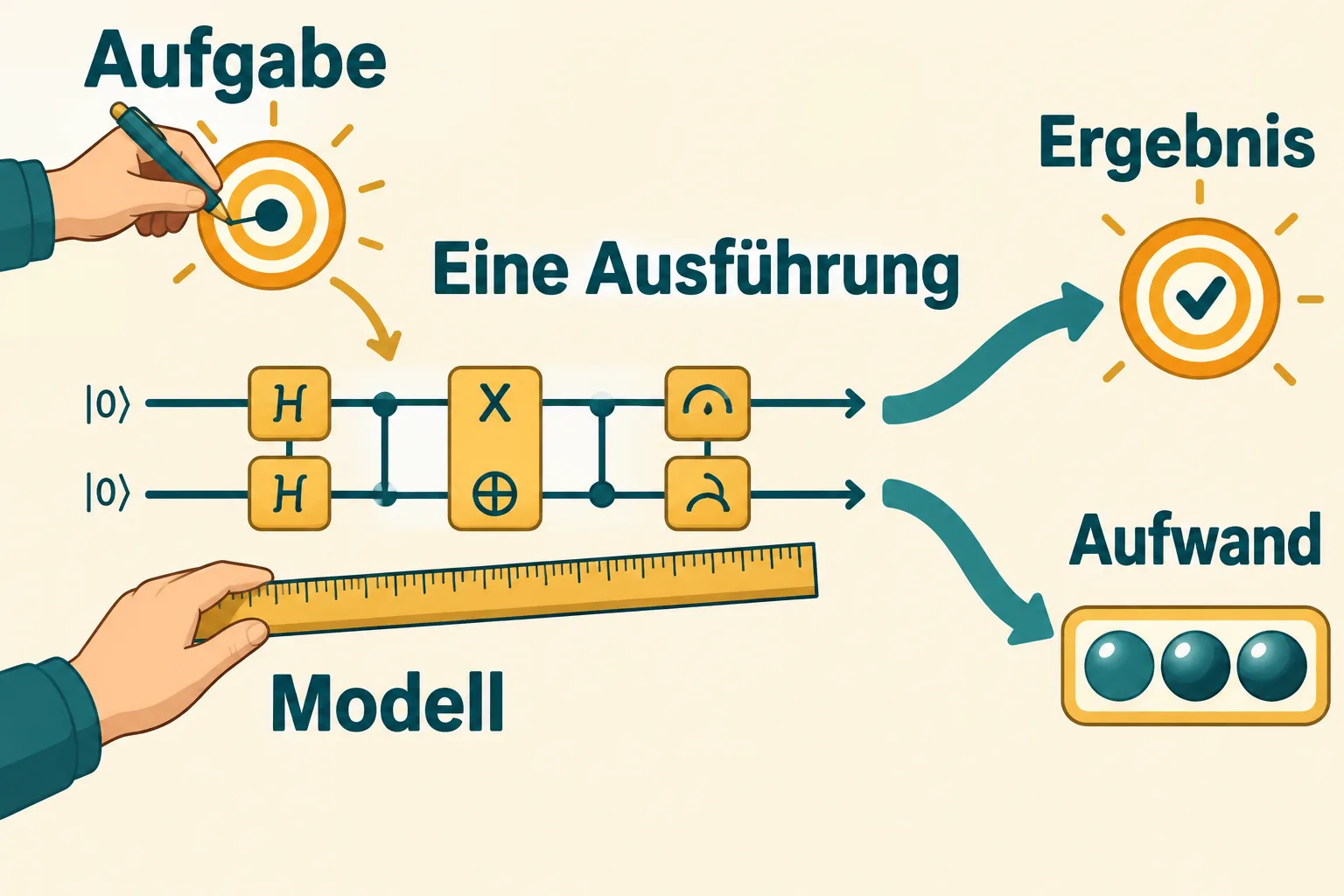 Eine schematische Schaltung verbindet dieselbe Ausführung mit Ergebnis und Aufwand; Menschen legen Aufgabe und Modell fest.