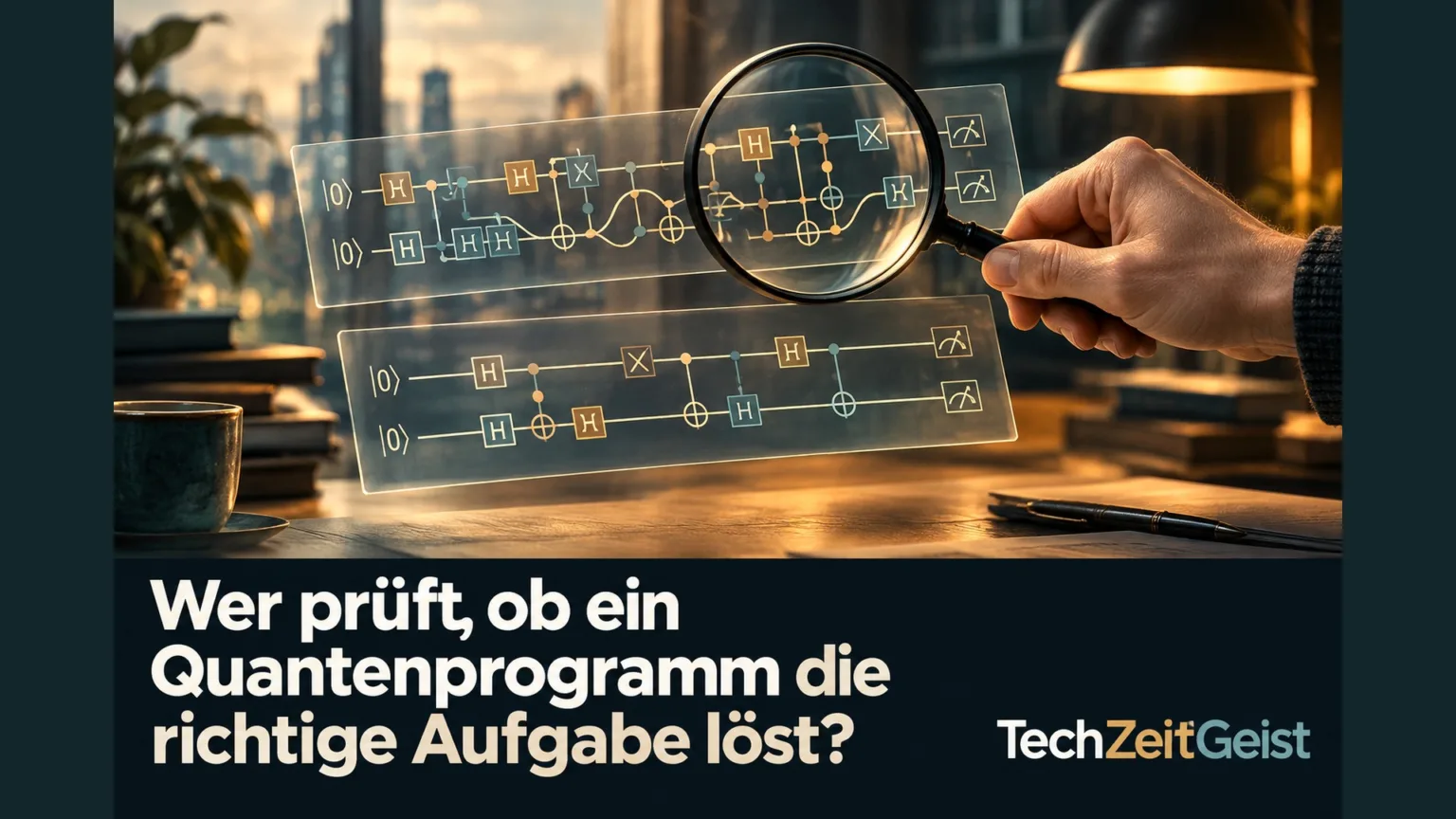 Lupe und Hand vergleichen zwei symbolische Quantenschaltungspläne.