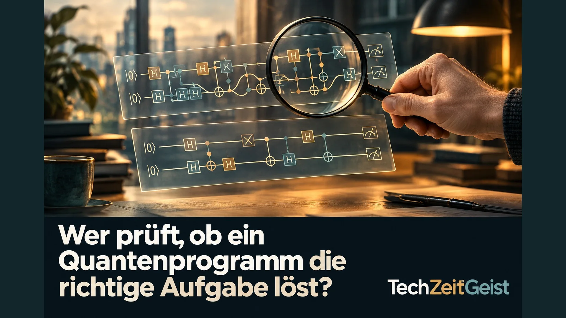 Lupe und Hand vergleichen zwei symbolische Quantenschaltungspläne.
