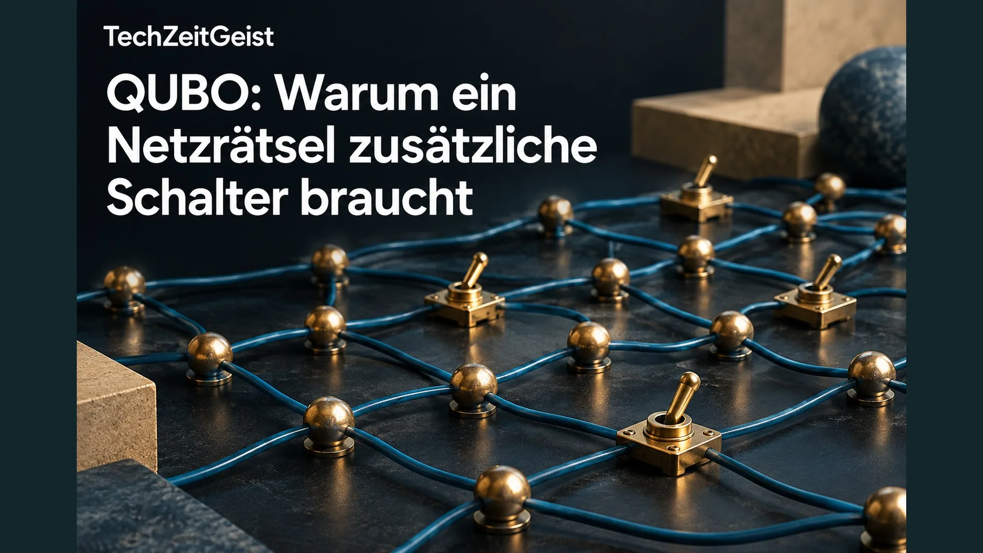 Symbolisches Netzmodell mit Verbindungen und zusätzlichen Schaltern auf einem Arbeitstisch.