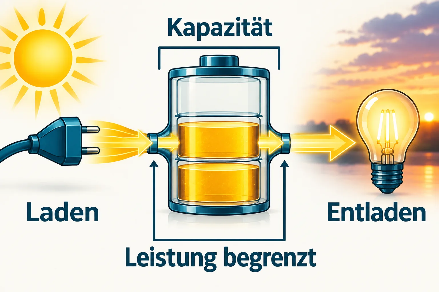 Schematischer Stromweg durch eine Batterie: Die begrenzte Lade- und Entladeleistung lässt einen Teil der Kapazität ungenutzt.