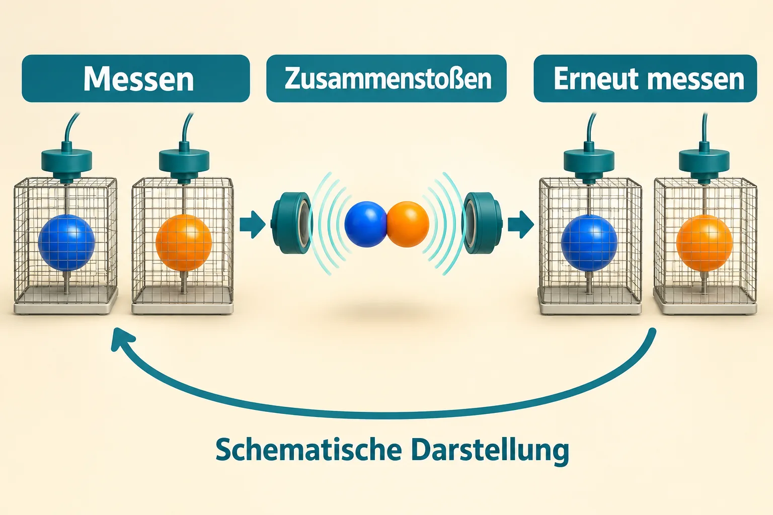 Zwei farbige Kugeln durchlaufen wiederholt Ladungsmessung, Zusammenstoß und erneute Messung.