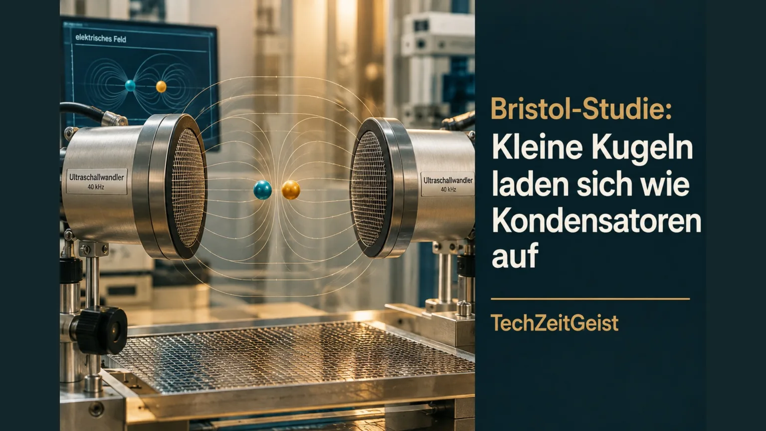 Schematische Laborillustration zweier schwebender Kunststoffkugeln.