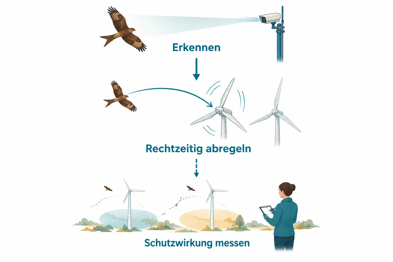 Drei Schritte am Windrad: Vogel erkennen, rechtzeitig abregeln und Schutzwirkung im Feld messen