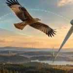 Greifvogel, Kamera und Windrad als Illustration eines Vogelschutzsystems