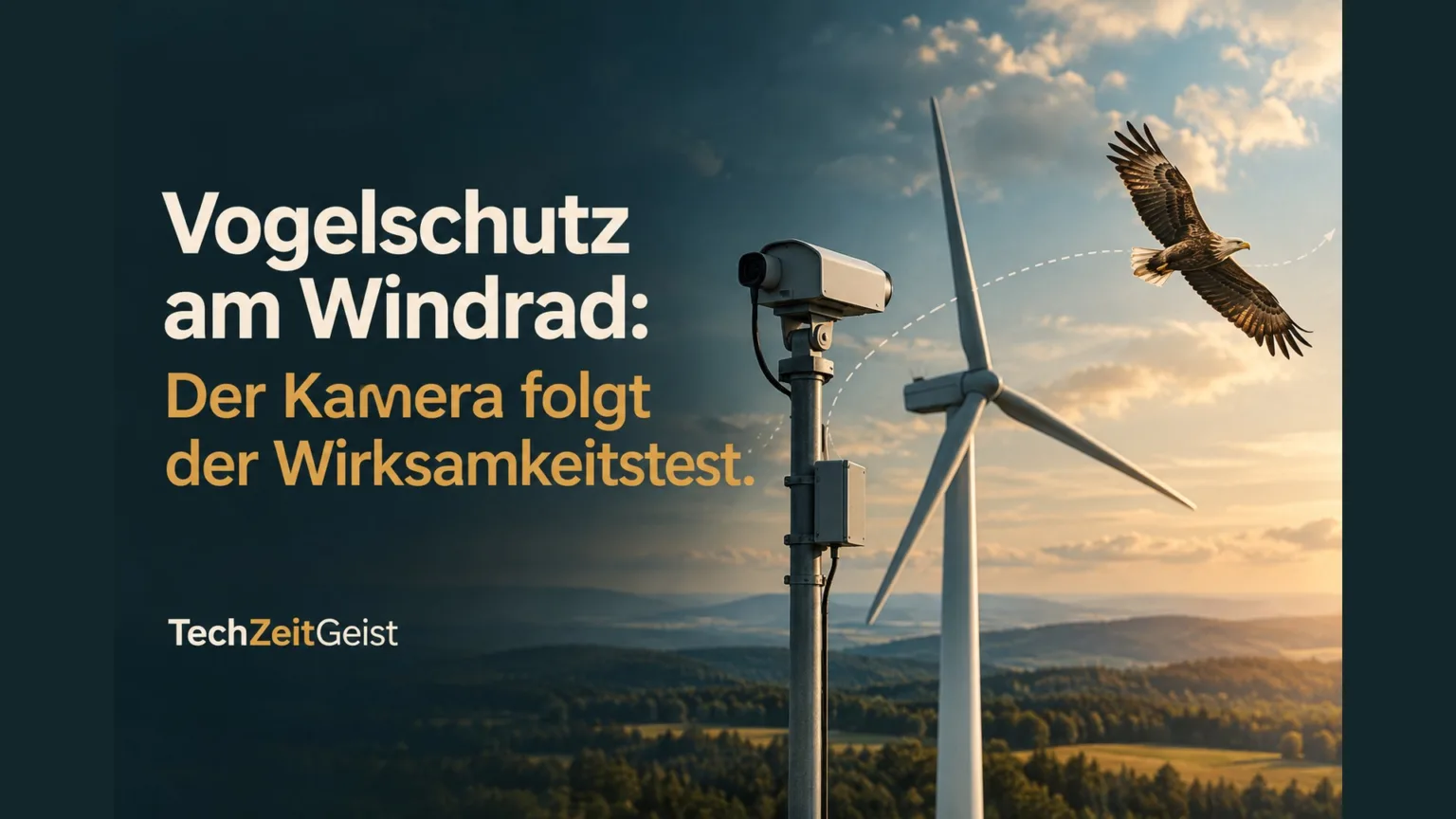 Kamera, Greifvogel und Windrad mit Artikelüberschrift