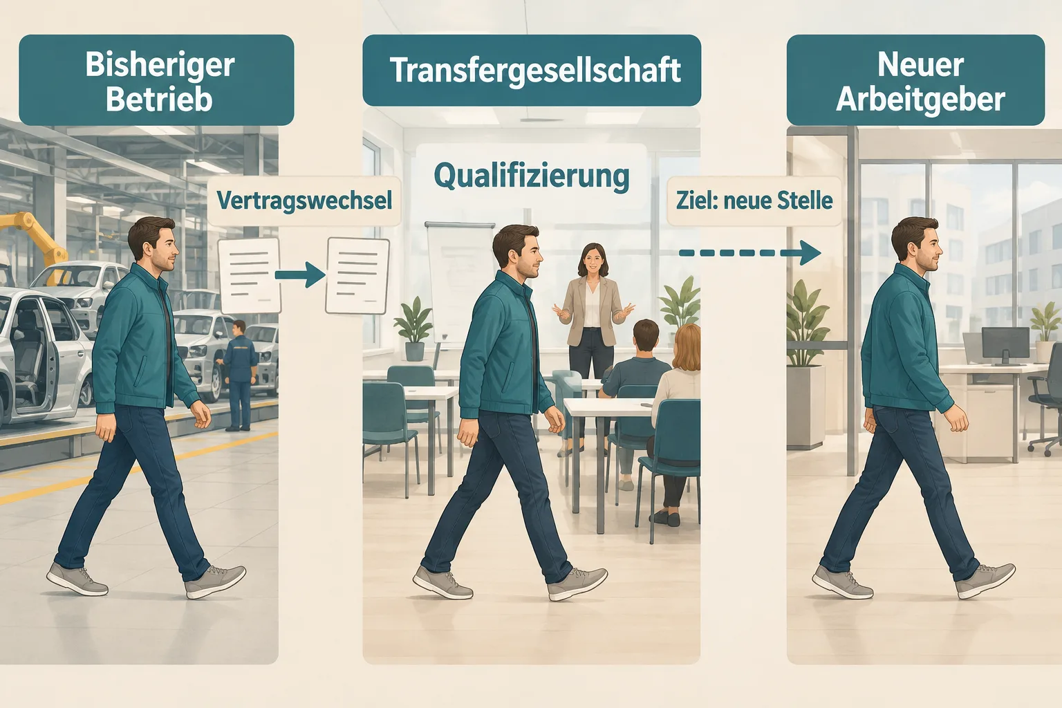 Schematischer Weg eines Beschäftigten vom bisherigen Betrieb über eine Transfergesellschaft zum angestrebten neuen Arbeitgeber