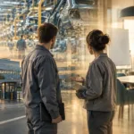 Zwei Beschäftigte vor einem Automobilwerk mit überblendeter Fertigung und Beratungsraum