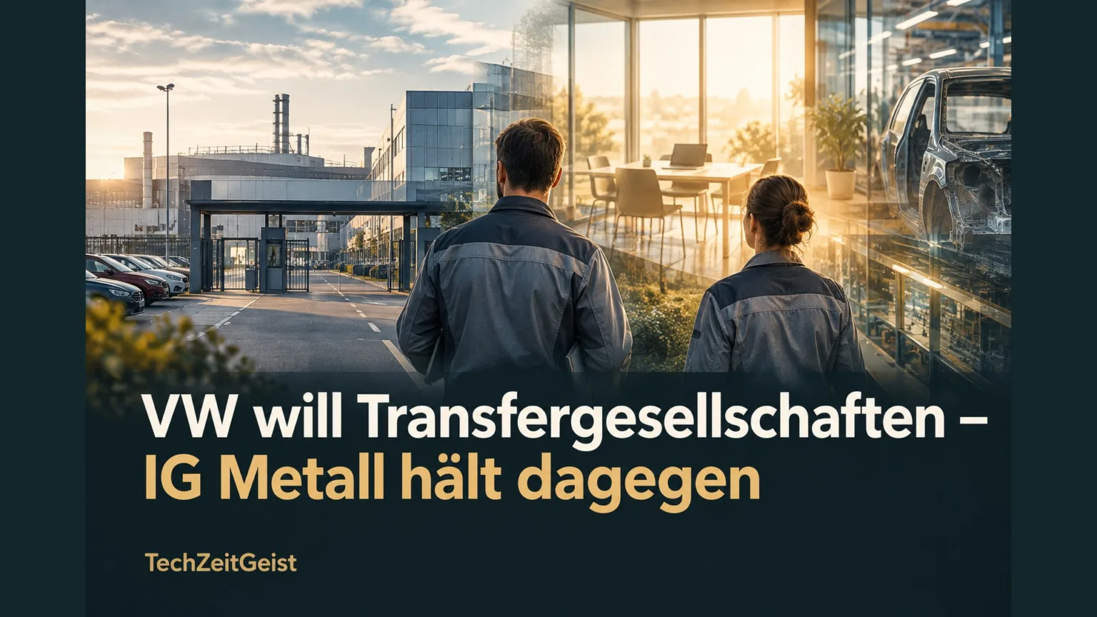 Automobilwerk und Beschäftigte mit der Überschrift VW will Transfergesellschaften – IG Metall hält dagegen