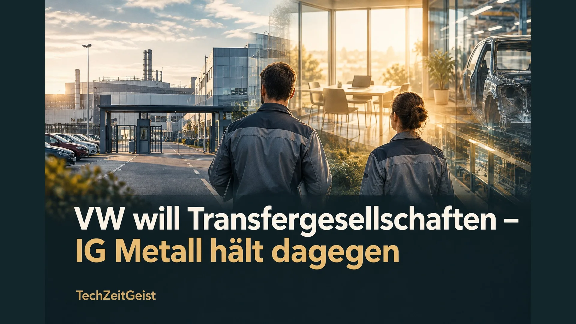 Automobilwerk und Beschäftigte mit der Überschrift VW will Transfergesellschaften – IG Metall hält dagegen