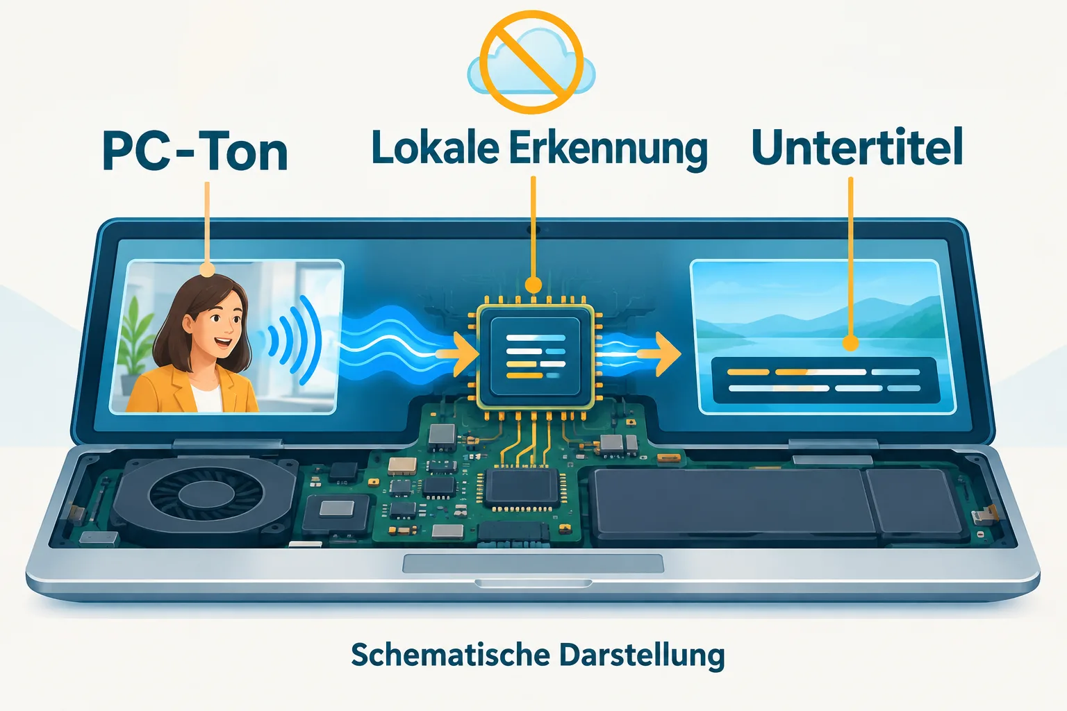 Schematischer Datenweg innerhalb eines Laptops vom PC-Ton über lokale Erkennung zu Untertiteln.