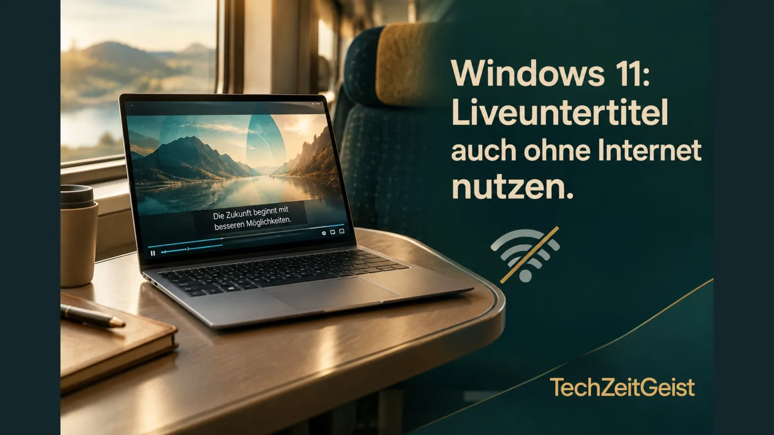 Laptop im Zug und die Artikelüberschrift zur Offline-Nutzung von Liveuntertiteln.