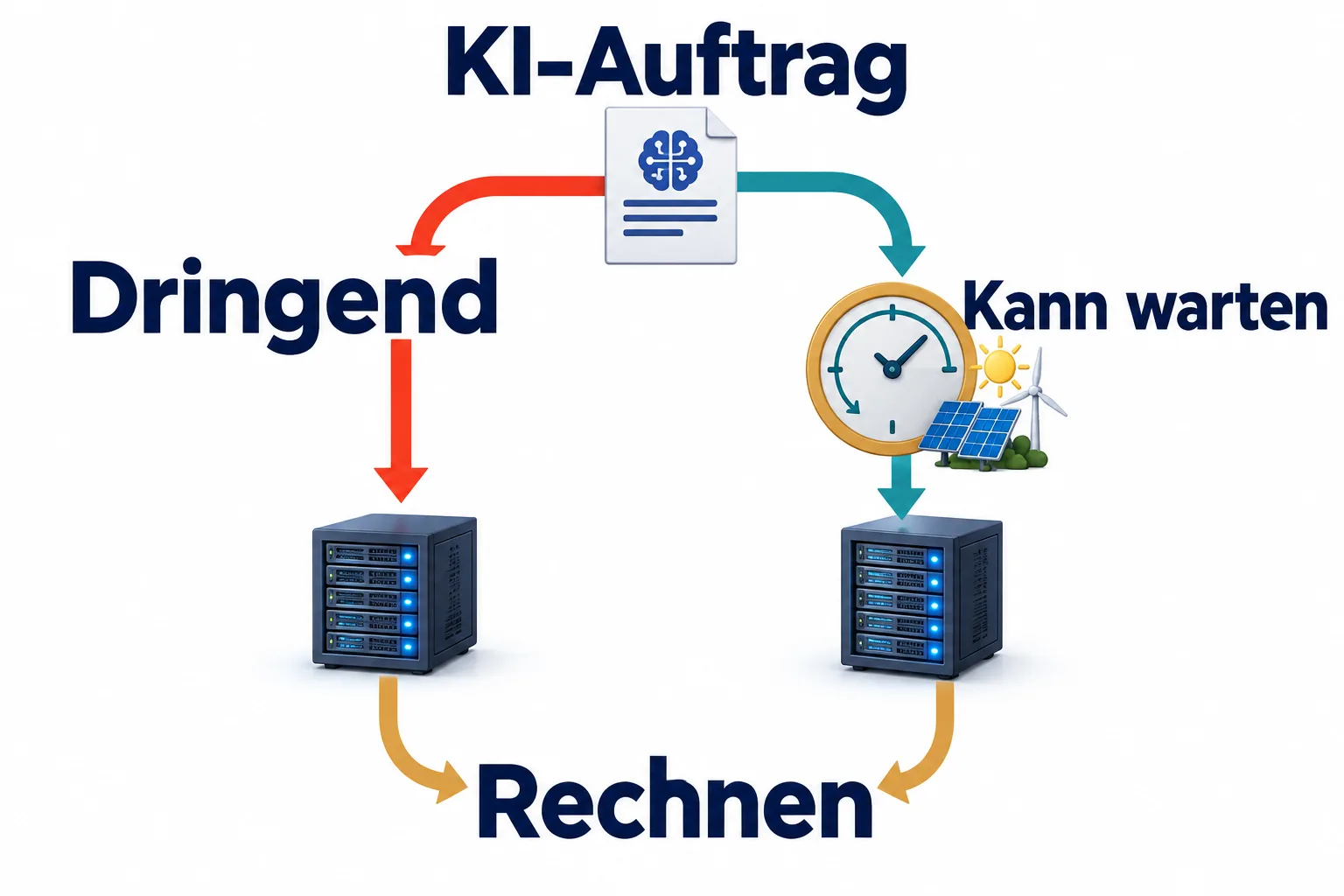 Ein KI-Auftrag nimmt entweder den direkten dringenden Weg zum Server oder wartet auf günstigeren Strommix.