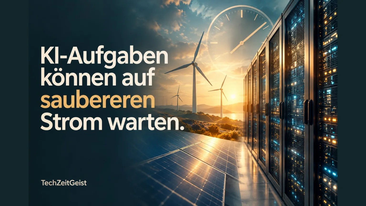 Serverrack, Windräder und Solarpaneele neben der Überschrift KI-Aufgaben können auf saubereren Strom warten