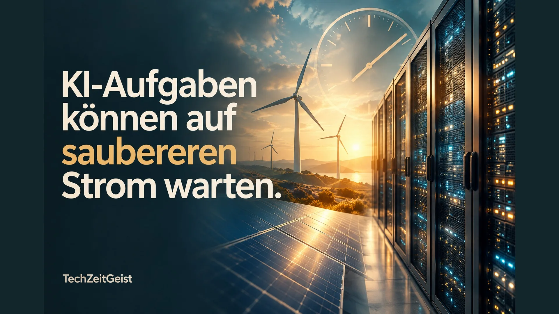 Serverrack, Windräder und Solarpaneele neben der Überschrift KI-Aufgaben können auf saubereren Strom warten