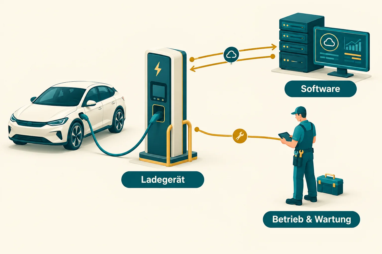 Ladegerät mit angeschlossenem Auto, verbunden mit Software sowie Betrieb und Wartung.