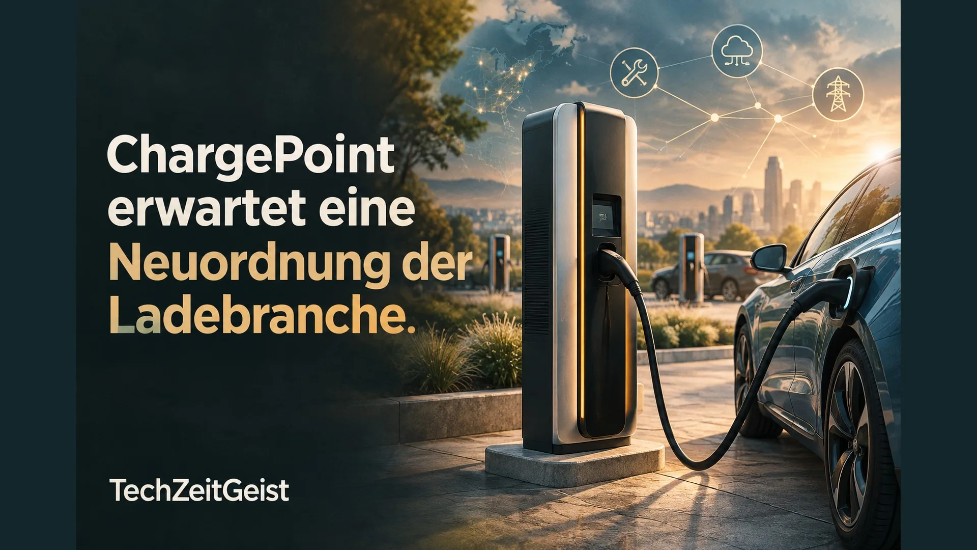 Ladestation und Elektroauto neben der Artikelüberschrift.